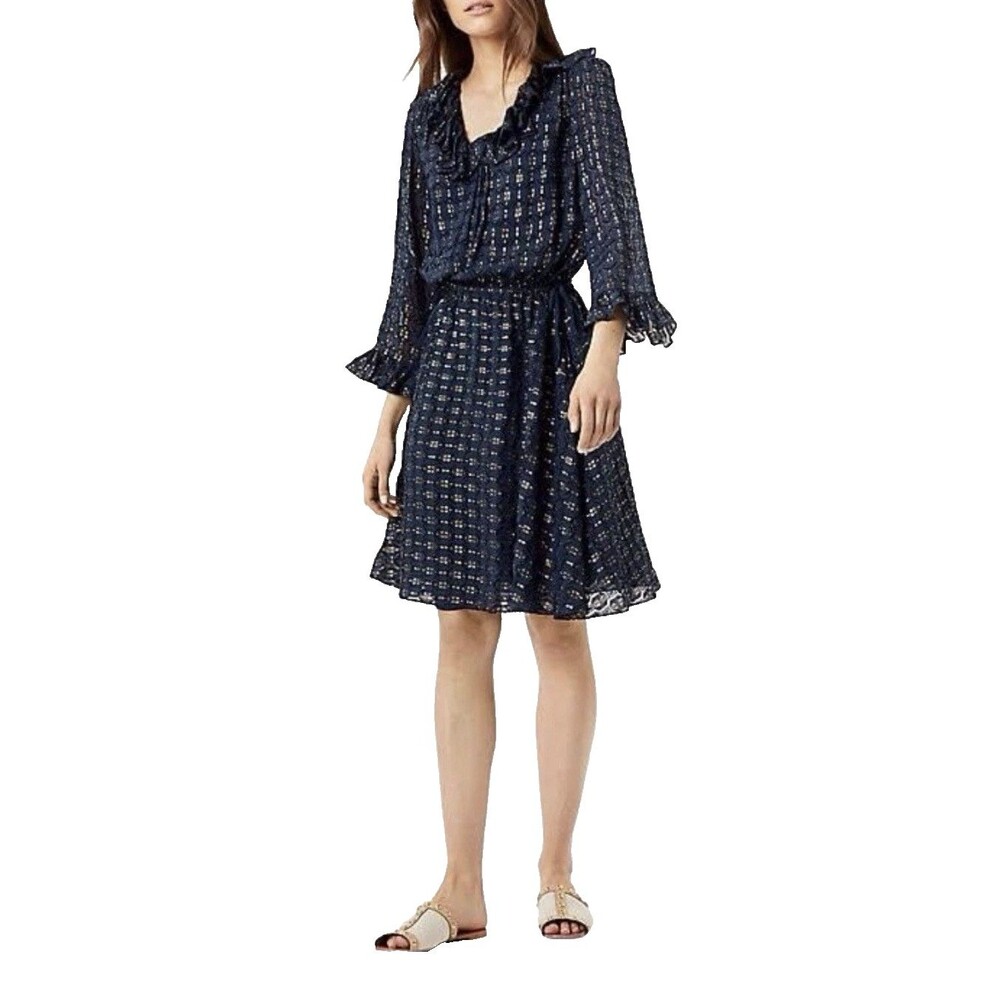 NWT Tory Burch Jasmine Silk Blend Metallic Dress Size 6 Navy Gold Ruffle